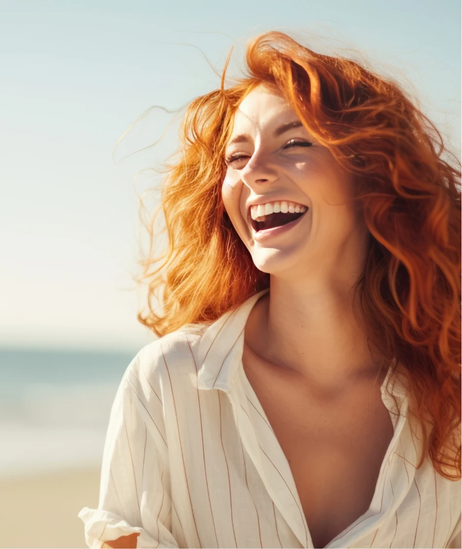 gorgeous woman in 30's smiling at the beach